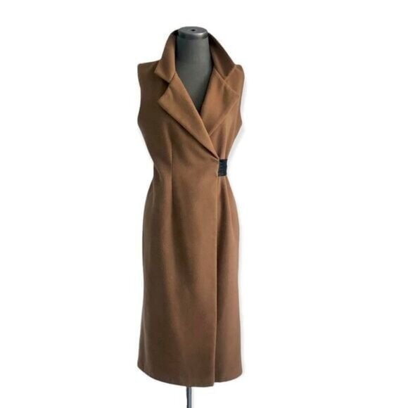 MARNI Luxury Virgin Wool Sleeveless Coat Brown Black Leather Trim Size M - Picture 3 of 10